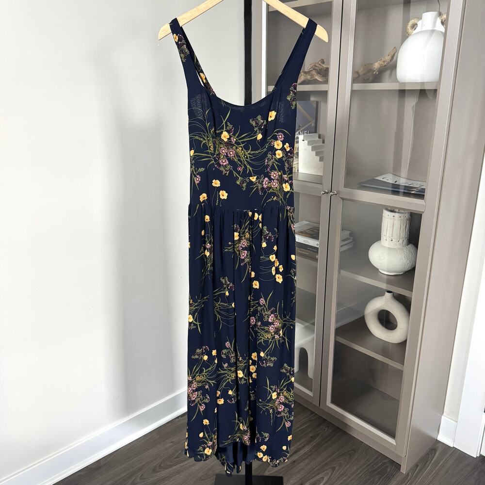 Reformation Kallie Navy Floral Side Slit Dress 2 Sleeveless Green Yellow Midi - Picture 2 of 7